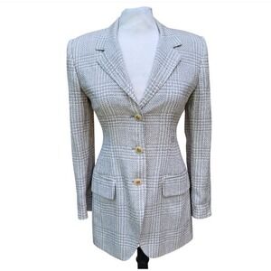 Florence Cromer Fashions FCF VTG 1990s Long Cream Beige Checked Blazer Jacket 4